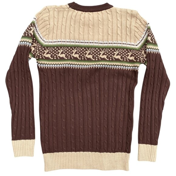 Vintage Fair Isle Deer Cable Knit Sweater Brown Cabin Ski 70s Grandpa Ugly-M - Picture 8 of 9